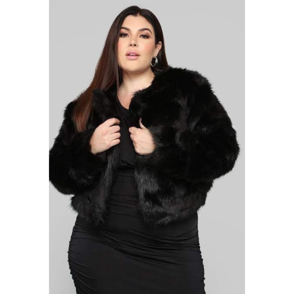 Fashion Nova Glam Noir Faux Fur Cropped Jacket 1XL Black Party Cocktail